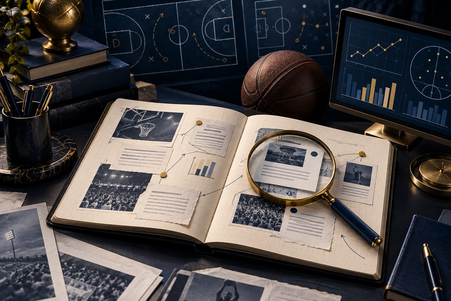 Illustrated analyst desk with source cards, a magnifying glass, notebook and schematic sports data