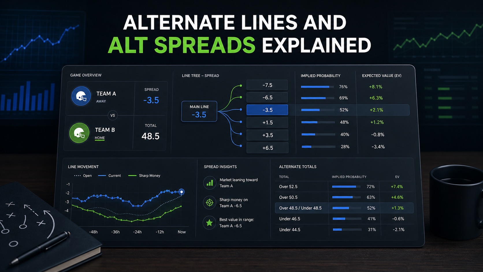 Alternate lines and alt spreads betting dashboard with implied probability rows