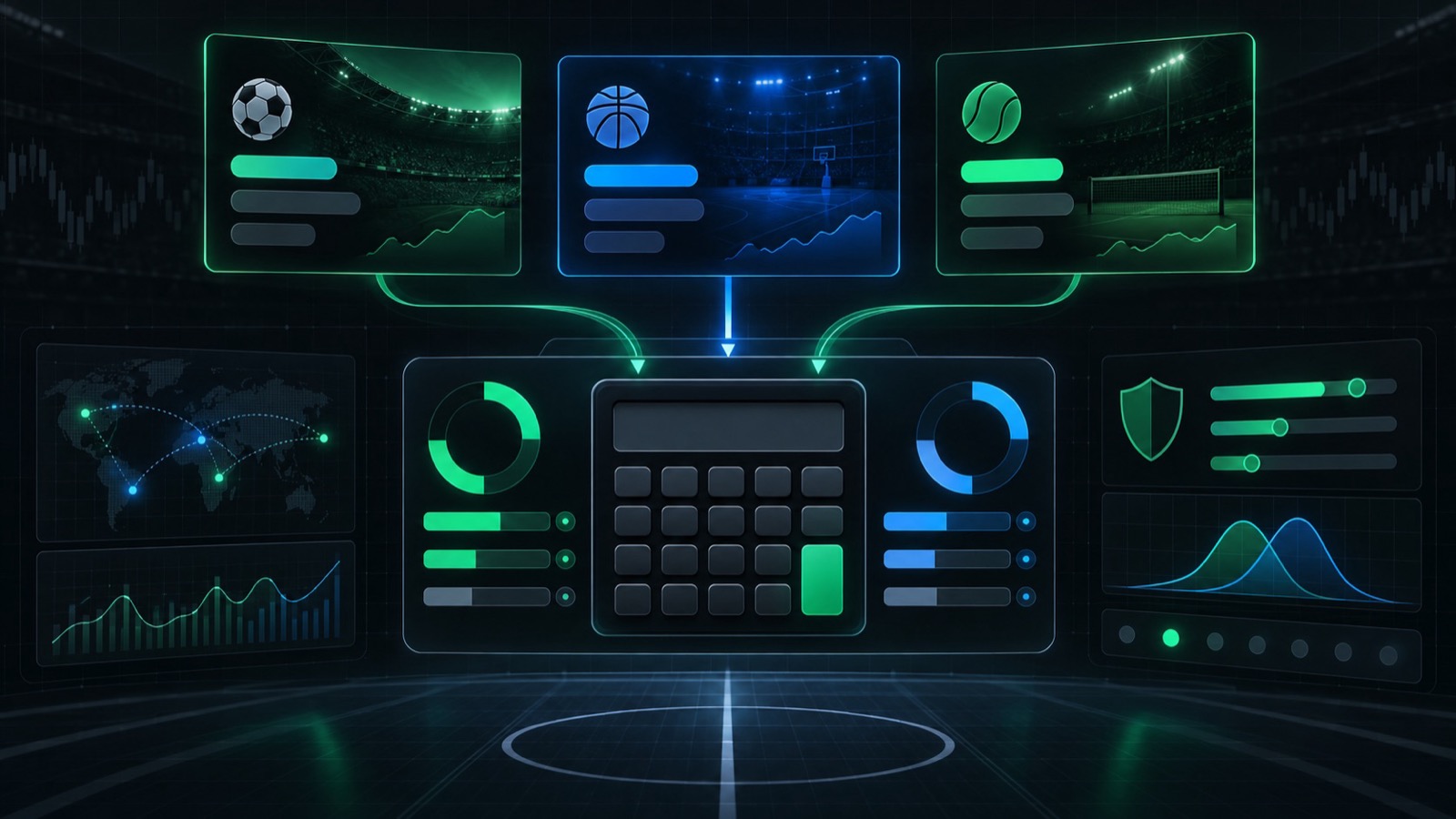 Abstract arbitrage betting calculator dashboard with sportsbook panels, stake bars, probability rings, and risk controls