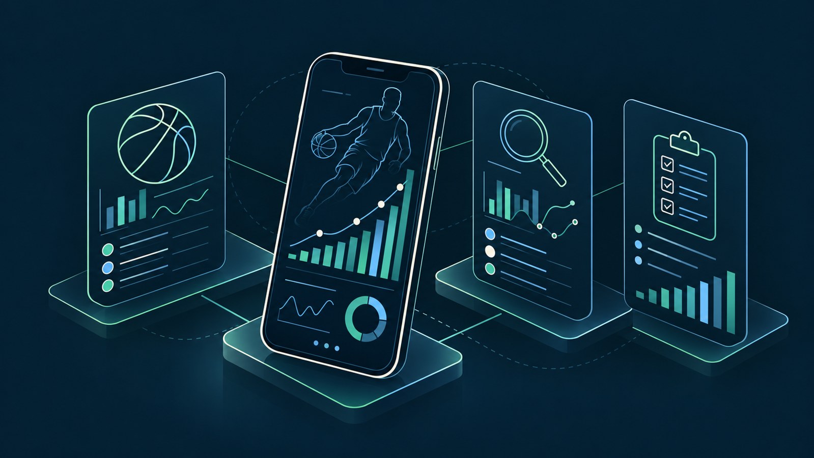 Conceptual illustration of a phone, sports chart, magnifier and research comparison cards