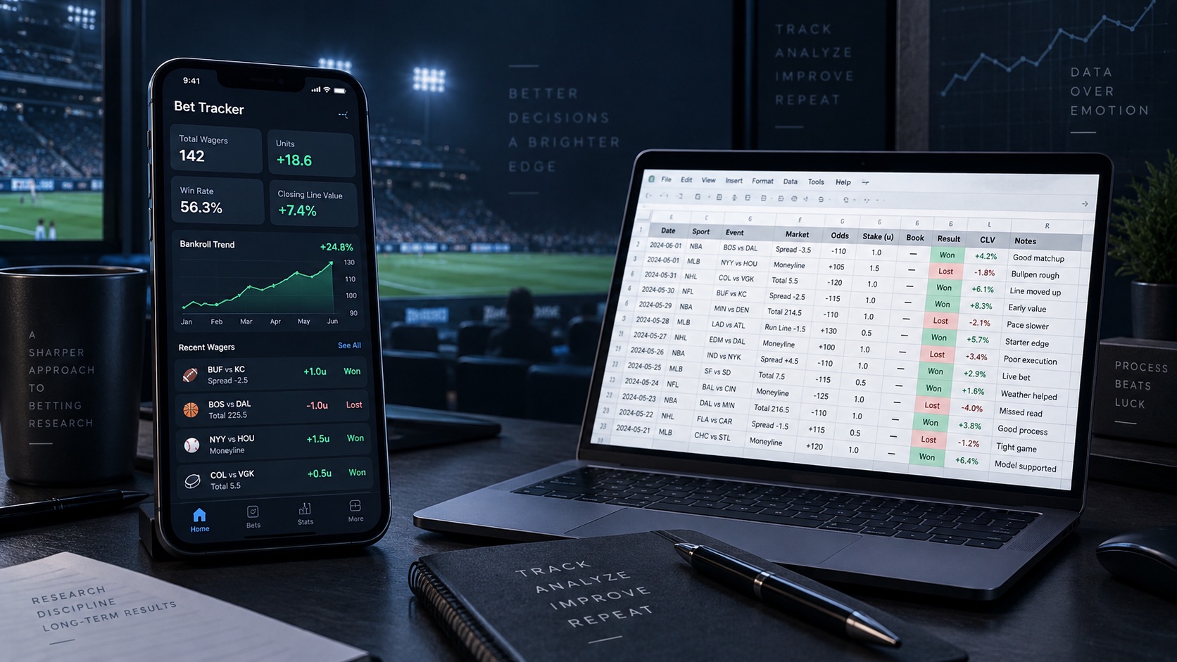 Bet tracker app dashboard beside a sports betting spreadsheet workflow