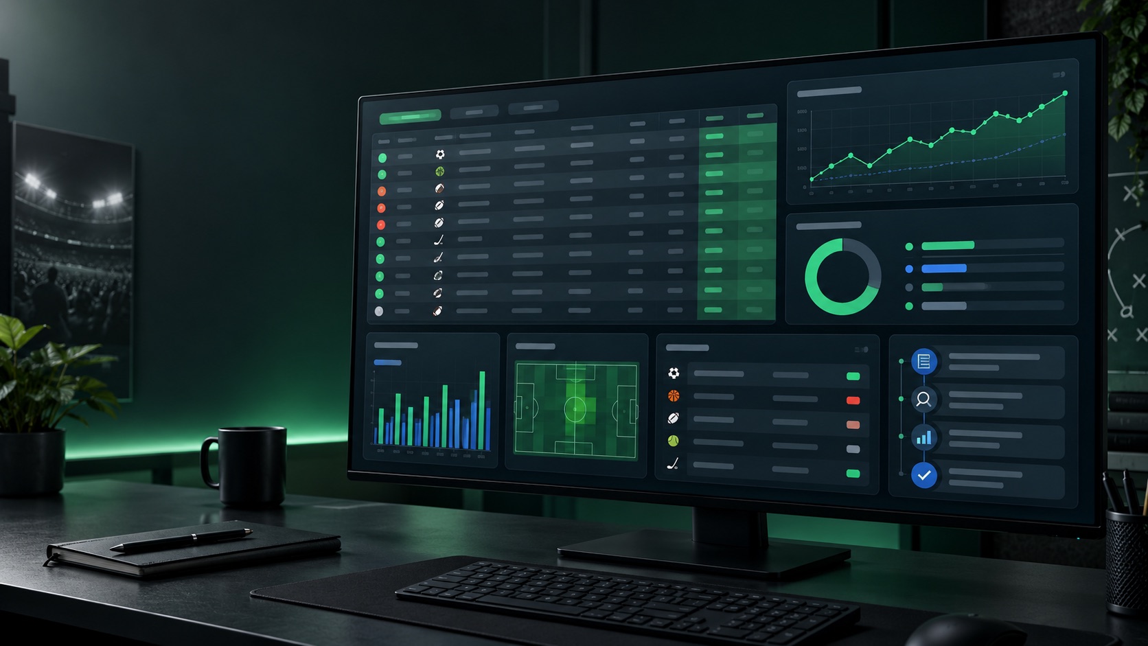 Bet tracking software workflow dashboard with bet log, CLV chart, and bankroll panels