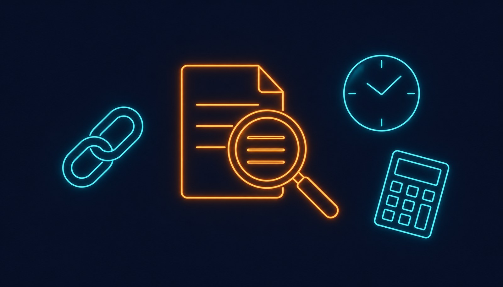 Wireframe document under a magnifying glass with separate source-link, clock and calculator symbols
