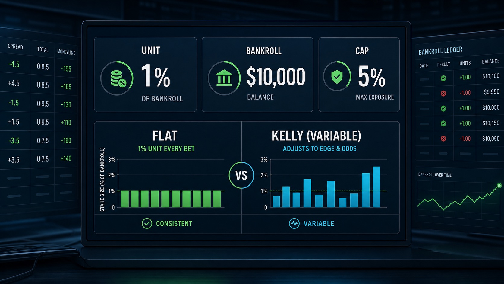 Flat betting strategy dashboard showing a 1 percent unit, bankroll balance, exposure cap, and flat vs Kelly comparison