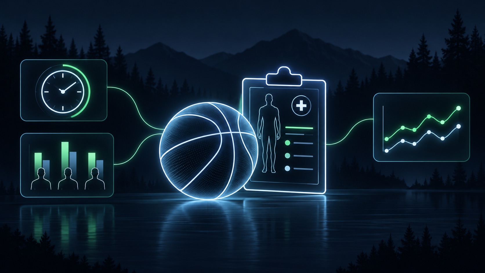 Illustration of a basketball, injury report, clock, minutes chart and odds research panels