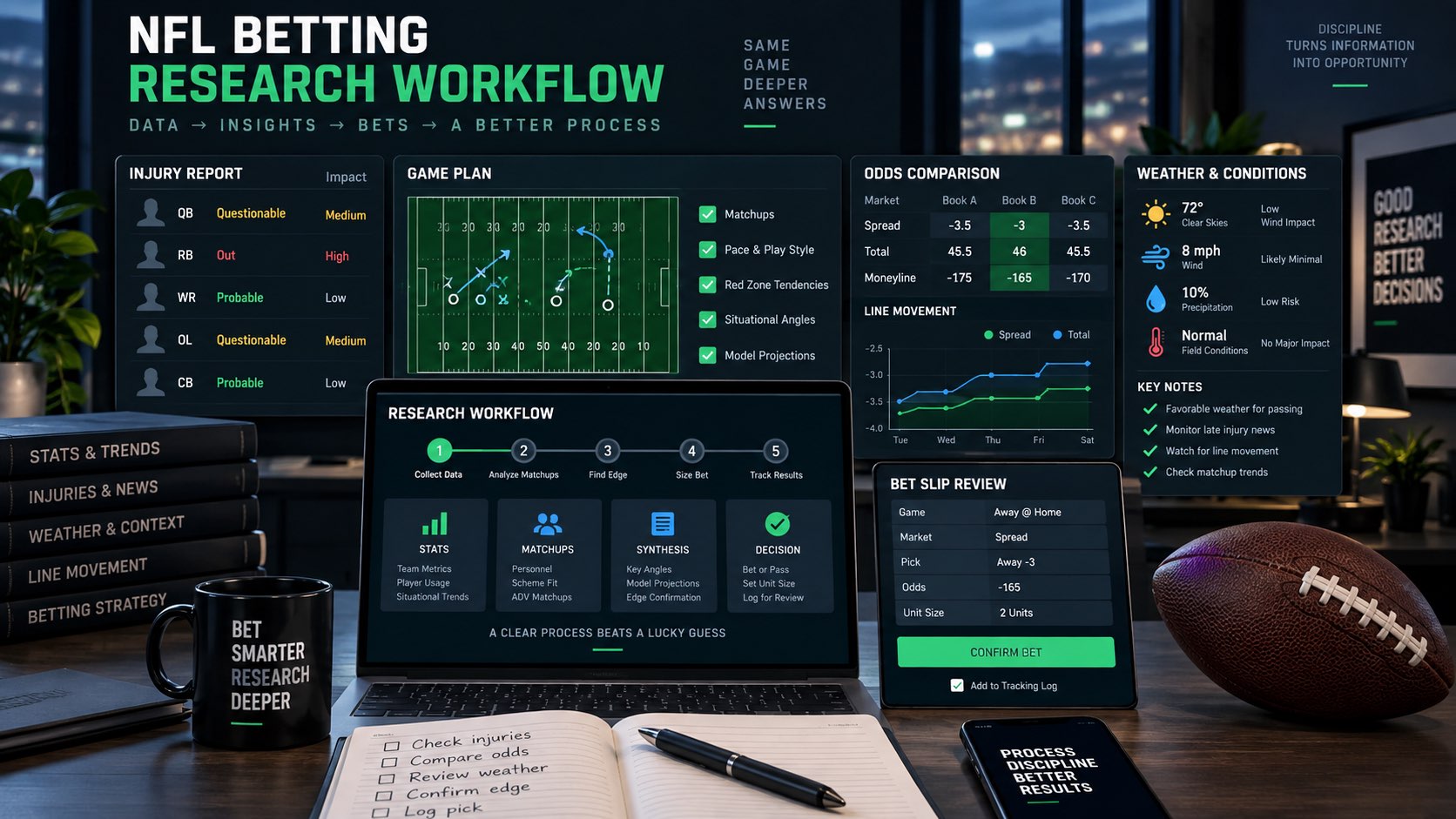 NFL betting research workflow dashboard with injuries, weather, odds comparison, and bet slip review