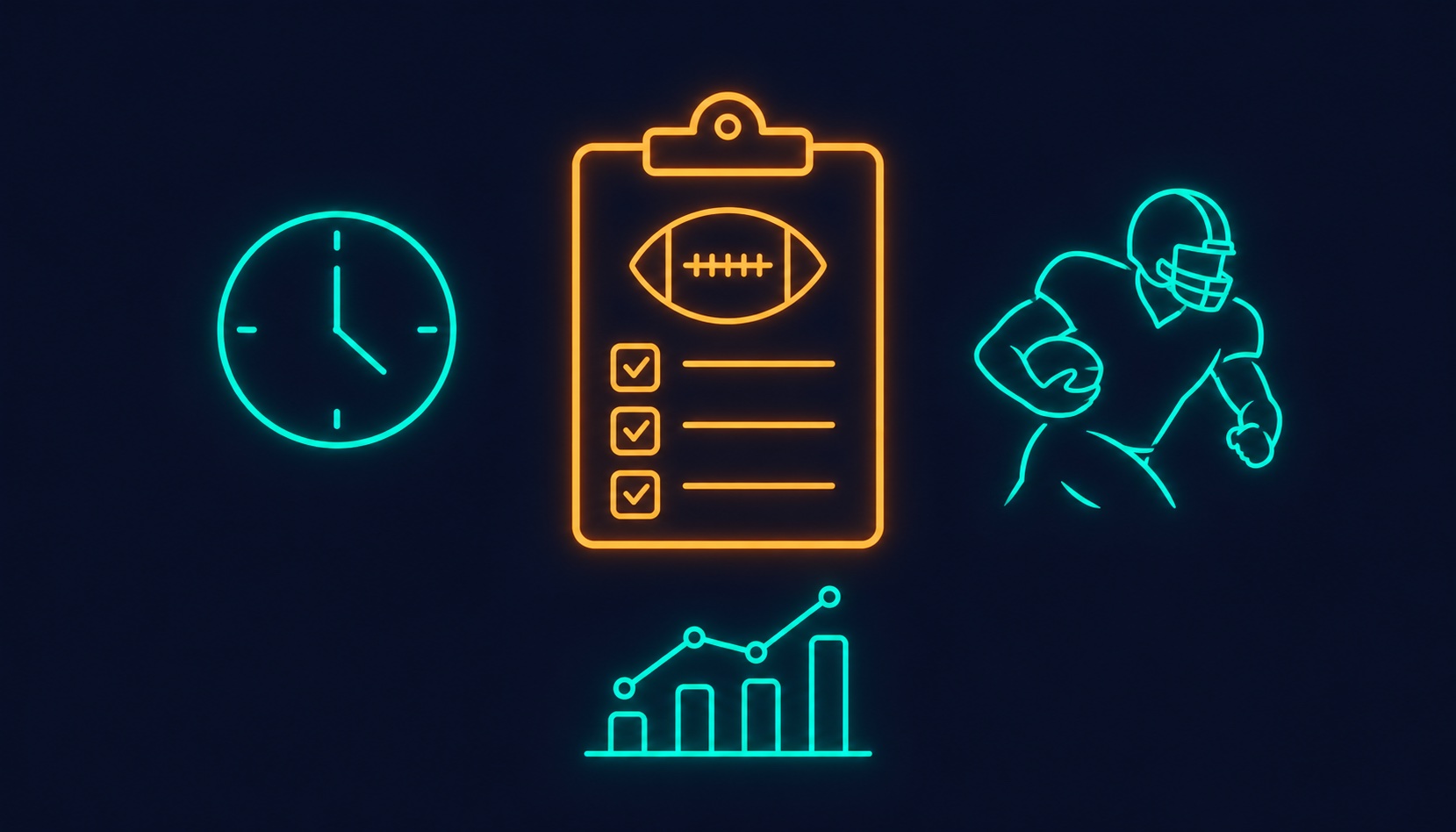 Football checklist with separate clock, player and market-chart wireframe symbols