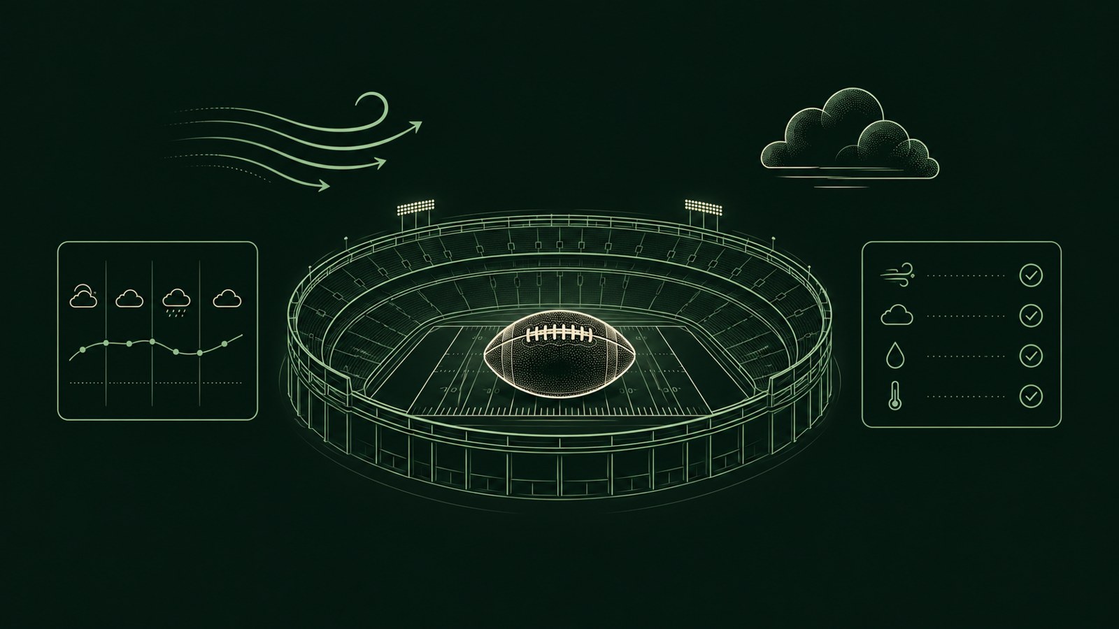 Editorial illustration of a football stadium, wind and cloud symbols, hourly forecast panel and research checklist