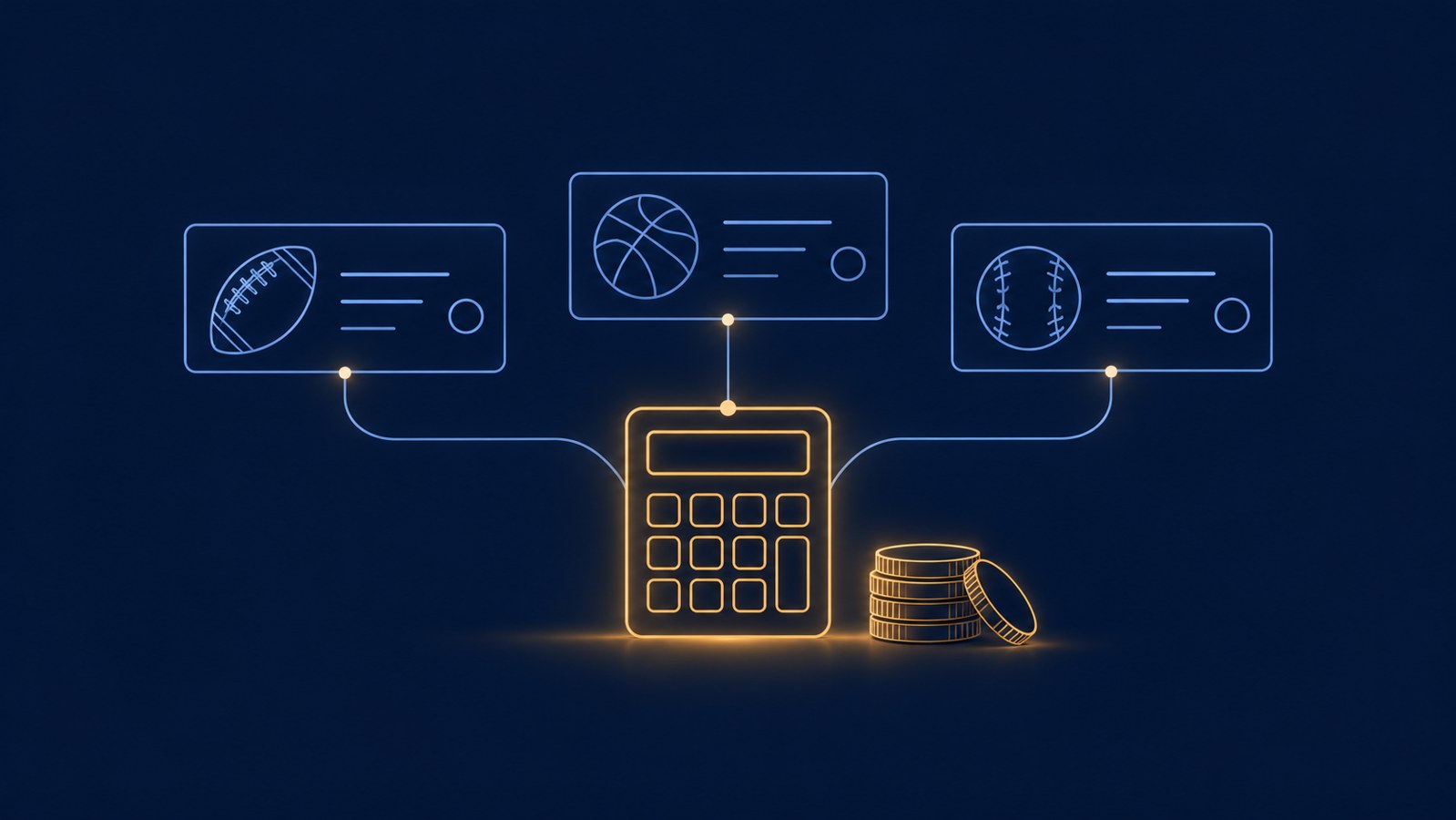 Three outlined selection cards connected to a calculator and coin stack on a navy background