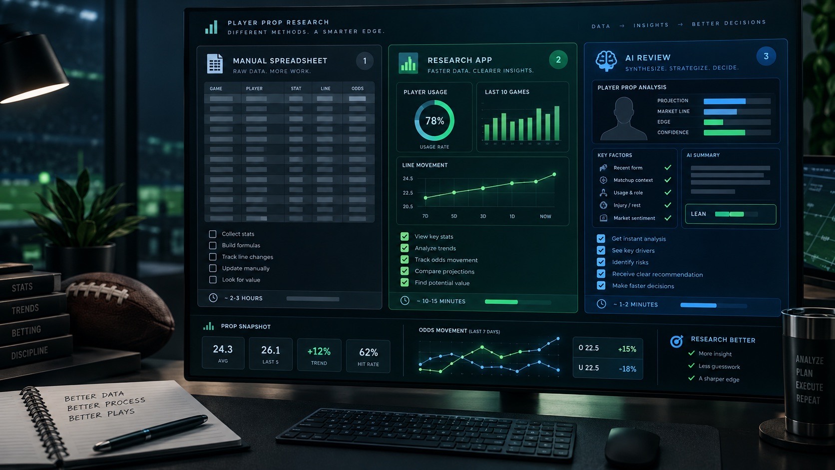 Player prop research workflow comparison dashboard with manual spreadsheet, research app, and AI review lanes