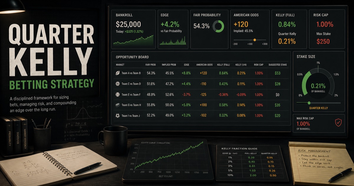 Quarter Kelly betting strategy terminal showing bankroll, edge, Kelly fraction, and risk cap