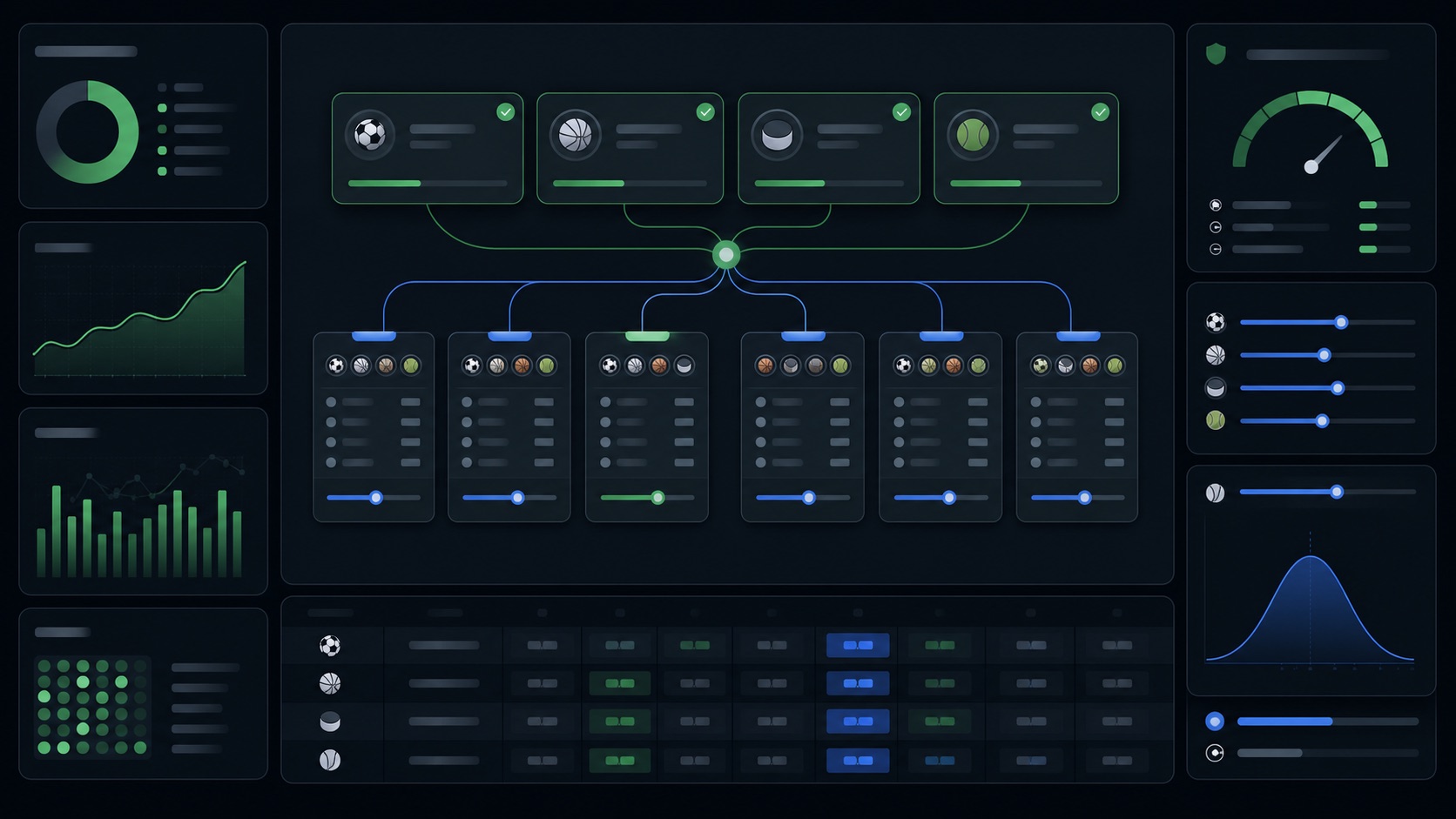 Round robin bet calculator dashboard showing connected bet legs, smaller ticket combinations, stake sliders, and bankroll risk gauges