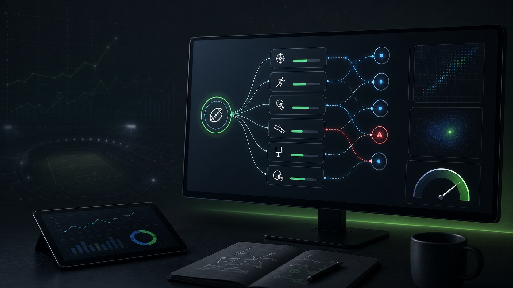 Same game parlay correlation dashboard showing connected bet legs, probability paths, and risk meters
