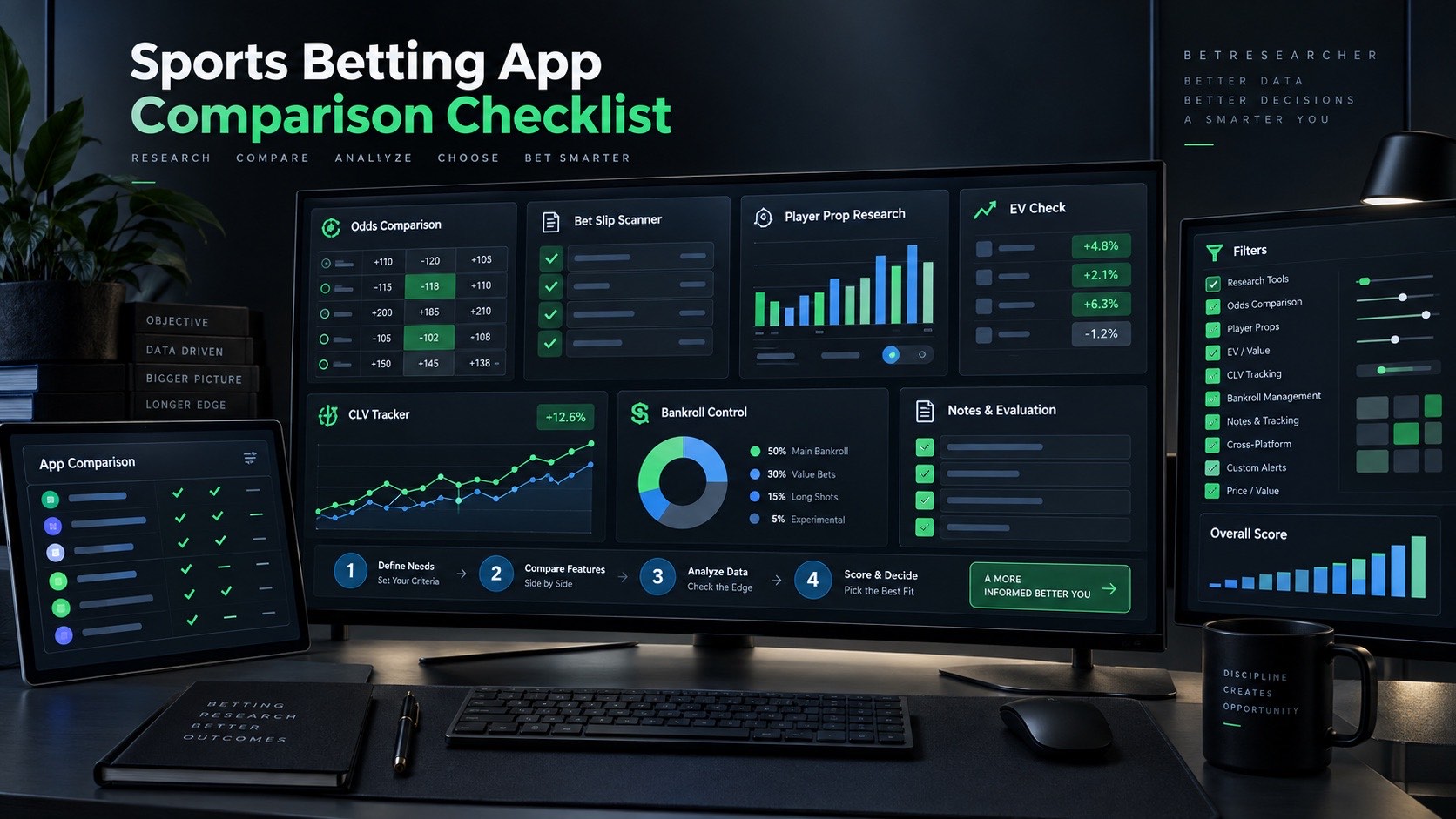 Sports betting app comparison dashboard with odds, EV, prop research, tracking, and bankroll panels
