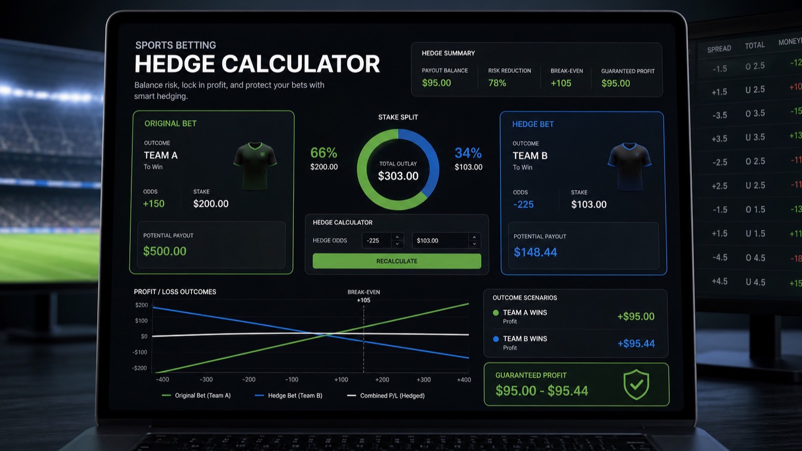 Sports betting hedge calculator dashboard balancing original bet and hedge bet outcomes