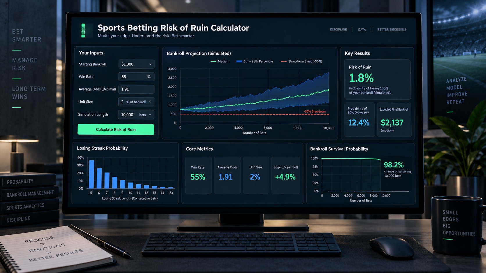 Sports betting risk of ruin calculator dashboard with bankroll projection, drawdown, unit size, and losing streak probability