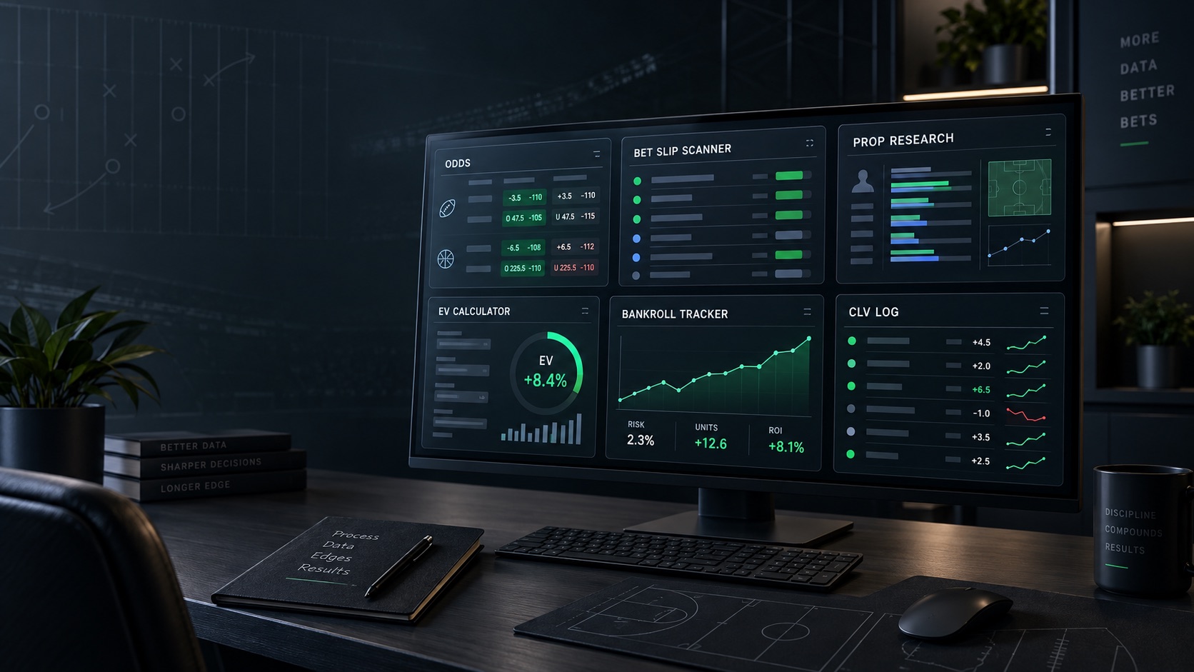 Sports betting software stack dashboard with odds, bet slip scanner, EV, bankroll, and CLV panels