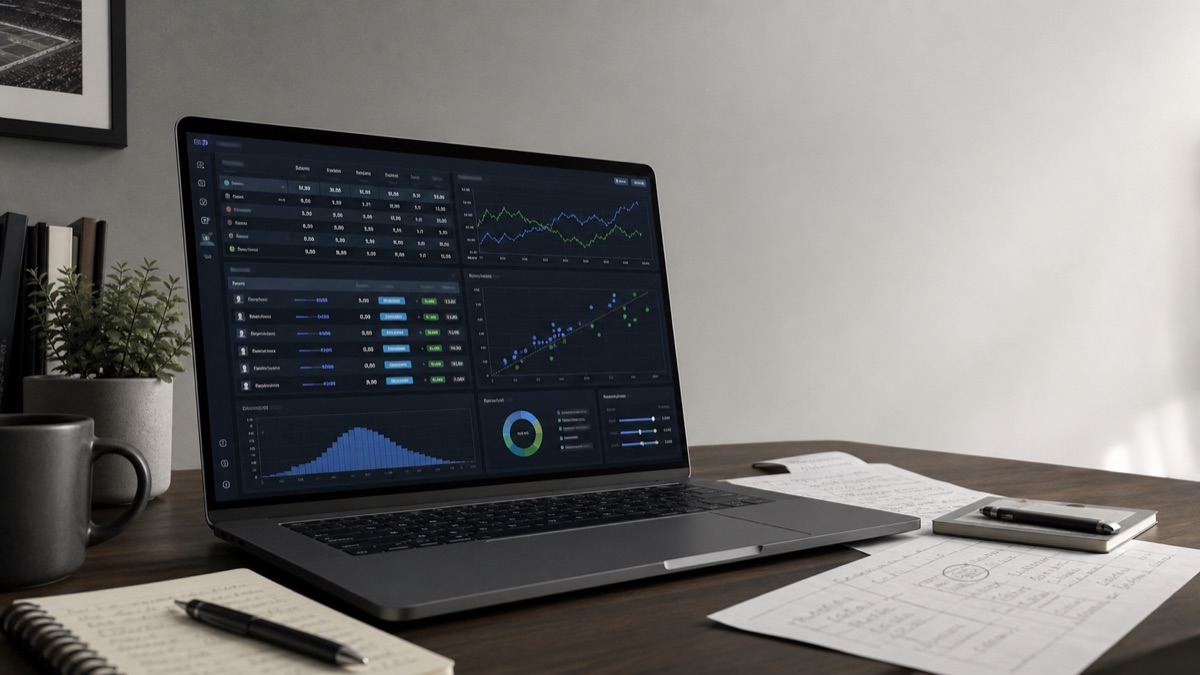 Sports betting software dashboard with odds, probability charts, and bankroll research notes