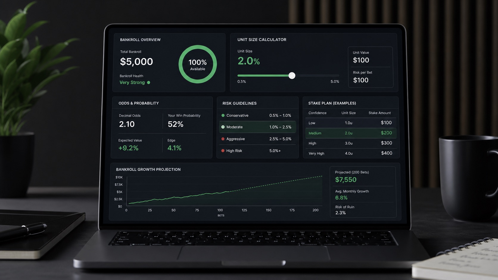 Sports betting unit size calculator dashboard showing bankroll, stake percentage, risk bands, and unit examples